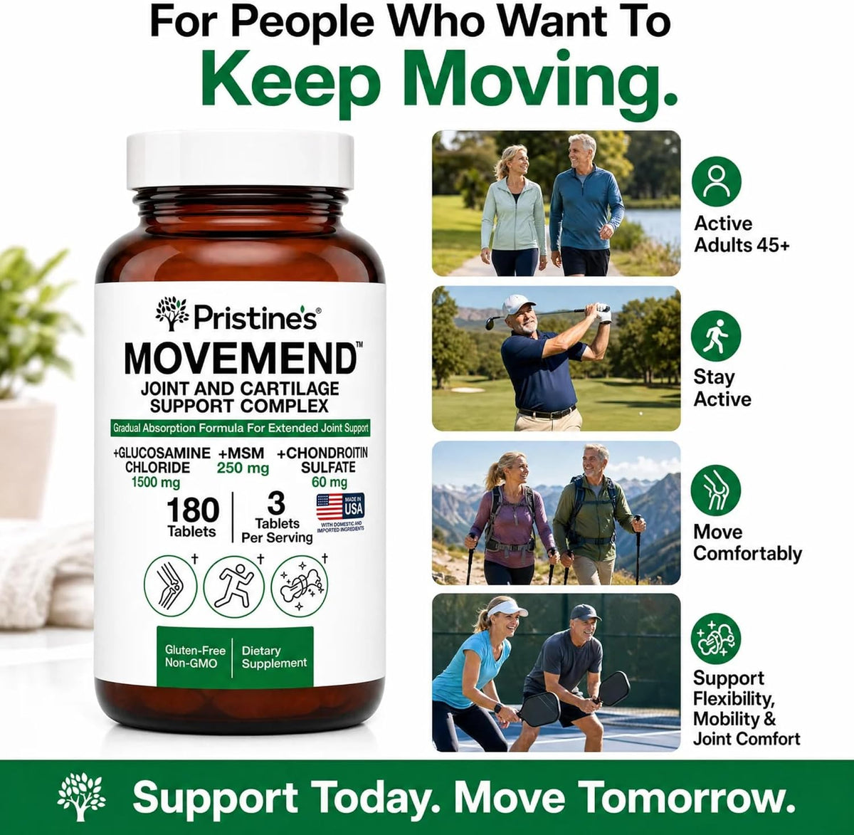 PRISTINE'S Movemend Glucosamine MSM Chondroitin Joint Support, 180 Tablets | Hyaluronic acid, Collagen Peptides, Vitamin C, Boswellia, Curcumin, Ginger, and Black Pepper For Joint Comfort and Mobility.