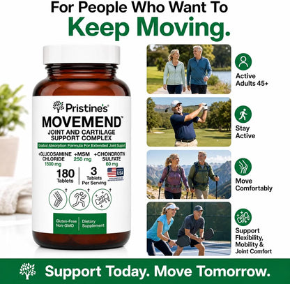 PRISTINE'S Movemend Glucosamine MSM Chondroitin Joint Support, 180 Tablets | Hyaluronic acid, Collagen Peptides, Vitamin C, Boswellia, Curcumin, Ginger, and Black Pepper For Joint Comfort and Mobility.