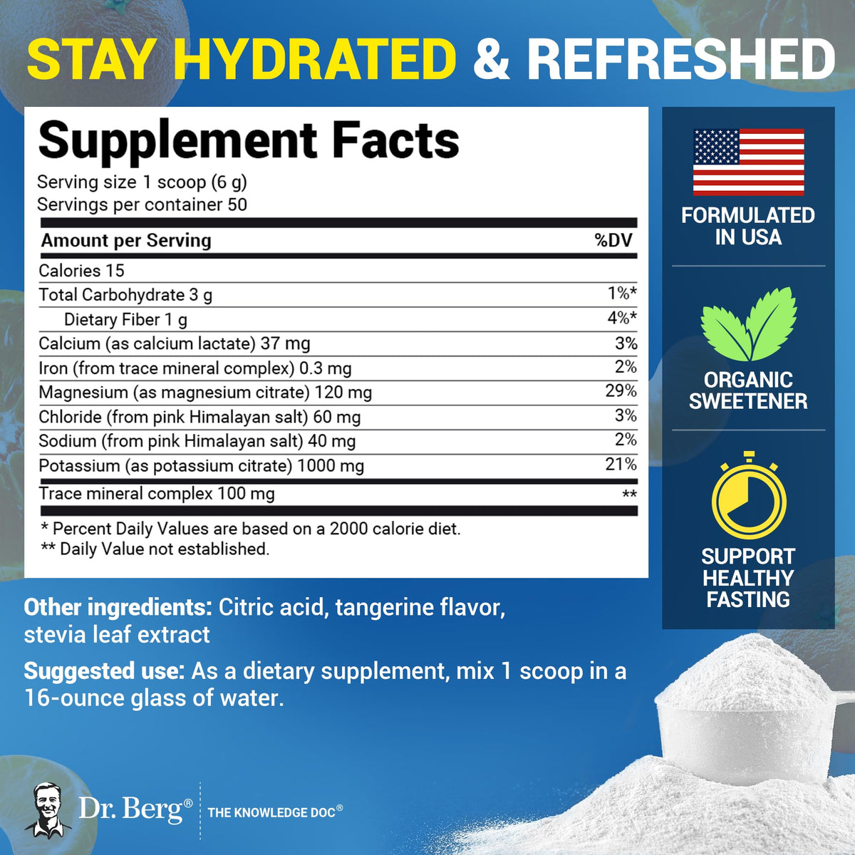 Dr. Berg Zero Sugar Hydration Keto Electrolyte Powder - Enhanced w/ 1000 mg of Potassium & Real Pink Himalayan Salt (NOT Table Salt) - Tangerine Flavor Hydration Drink Mix Supplement - 50 Servings