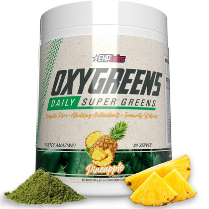 EHP Labs OxyGreens Super Greens Powder with Spirulina & Chlorella, Prebiotic Fiber, Probiotics & Digestive Enzymes – Antioxidant Green Superfood Supplement - 15 Serves (Pineapple)