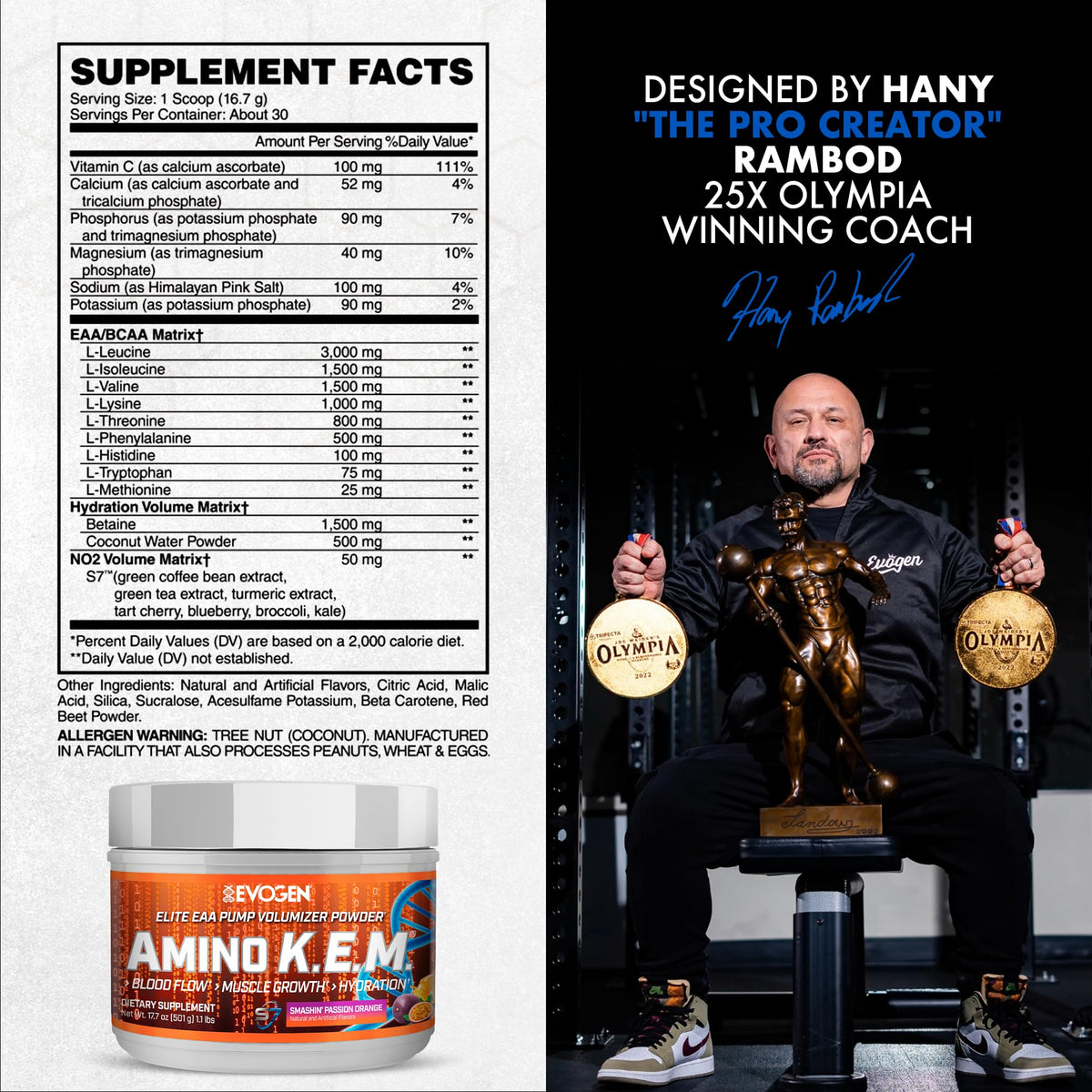 Evogen Amino K.E.M. EAA & BCAA | Tropic Thunder | 30 Servings | S7 nitric oxide blend with betaine anhydrous, coconut water and leucine for blood flow, muscle growth, hydration and recovery