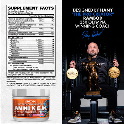 Evogen Amino K.E.M. EAA & BCAA | Tropic Thunder | 30 Servings | S7 nitric oxide blend with betaine anhydrous, coconut water and leucine for blood flow, muscle growth, hydration and recovery