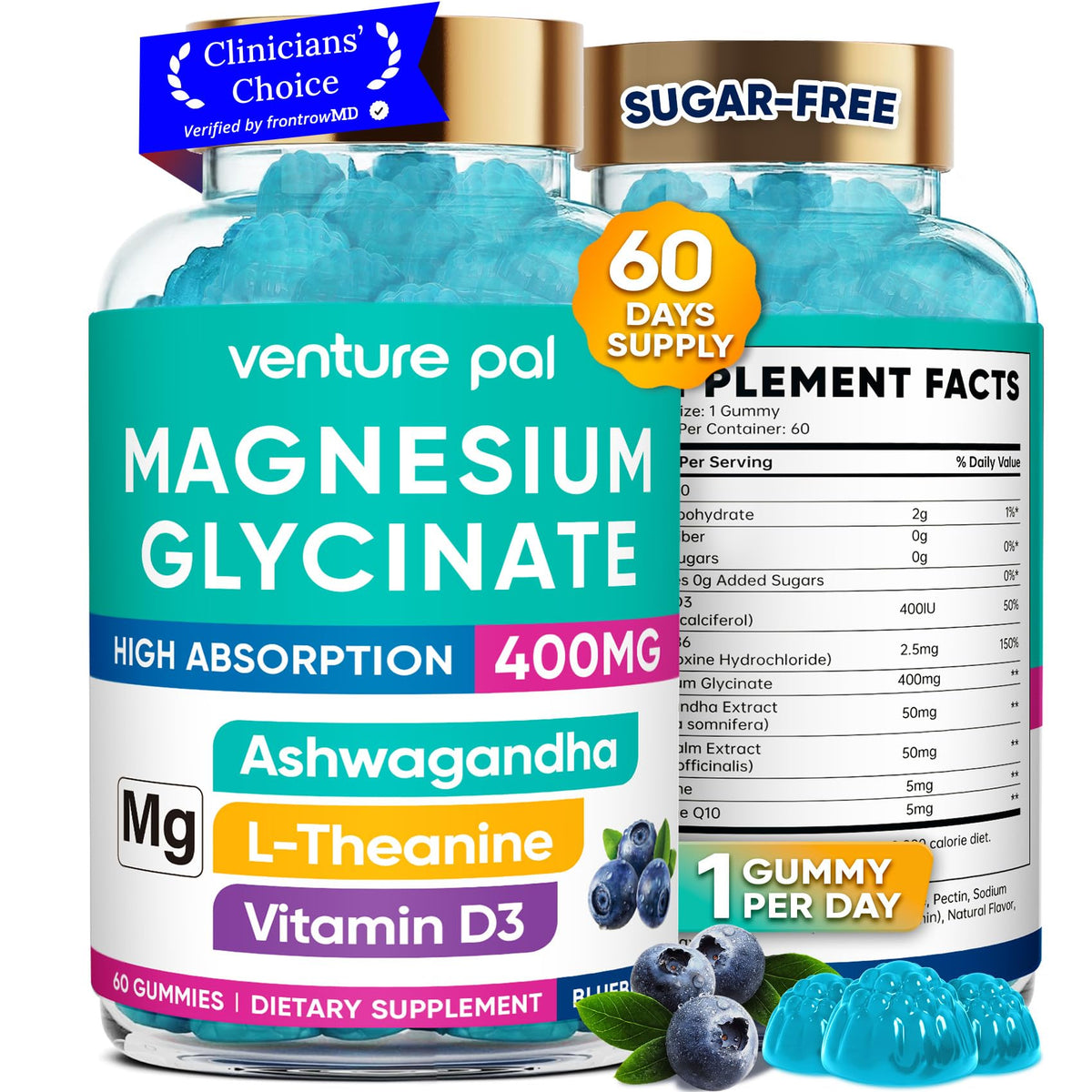 60 Day Supply Magnesium Glycinate 400mg Gummies Sugar Free High Absorption | With Ashwagandha, L-Theanine, CoQ10, Vitamin D3 & B6, Adults & Kids, Stress Relief, Sleep & Calm, Vegan, Gluten Free