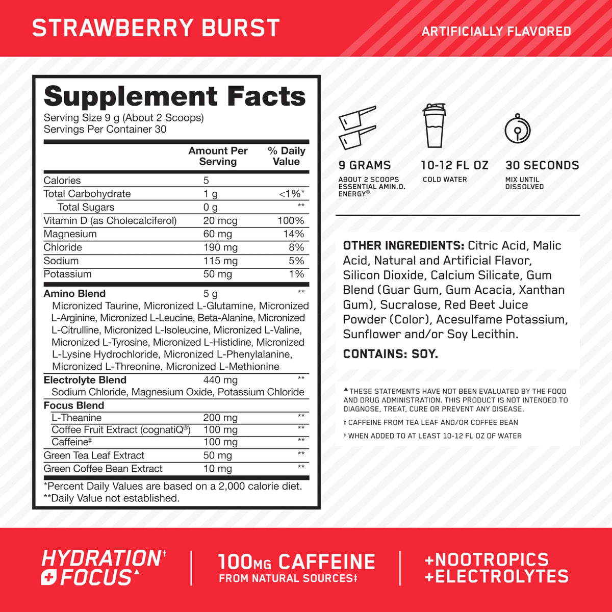 Optimum Nutrition, Amino Energy Powder Plus Focus, with Bcaa, Electrolytes, and Caffeine, Watermelon, 30 Servings | Contains BCAAs, Electrolytes, 100 mg Caffeine, 5g Amino Acids, Zero Sugar, Supports Hydration, Banned Substance Tested