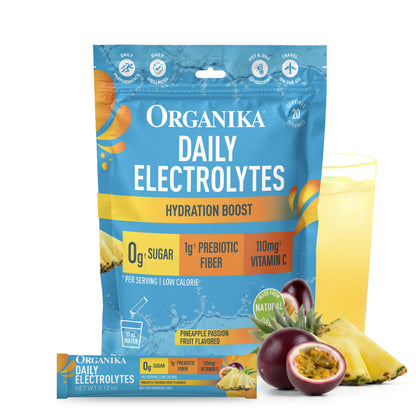 Organika Daily Electrolytes Powder Variety Pack with Vitamin C & Prebiotic Fiber – 21 Single-Serve Sachets (Lemonade, Raspberry, Pineapple Passion Fruit), Sugar-Free, Caffeine-Free