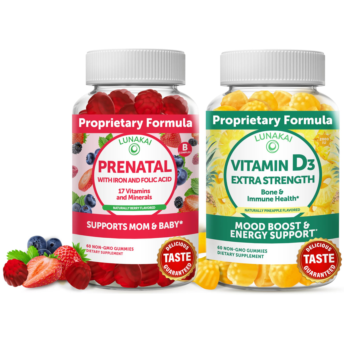 Prenatal Vitamins and Vitamin D3 Gummies Bundle - with Iron and Folic Acid, Chewable Multivitamin