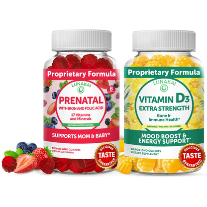 Prenatal Vitamins and Vitamin D3 Gummies Bundle - with Iron and Folic Acid, Chewable Multivitamin