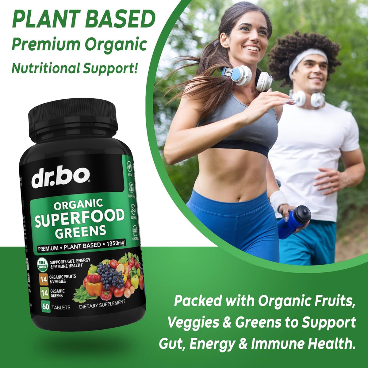 Organic Superfood Greens & Fruit Supplements - Energy Super Food Fruits and Veggies Supplement Tablets - Daily Green Veggie Powder Blend Plus Vegetable Foods Alfalfa, Spinach, Cabbage & Spirulina Tabs