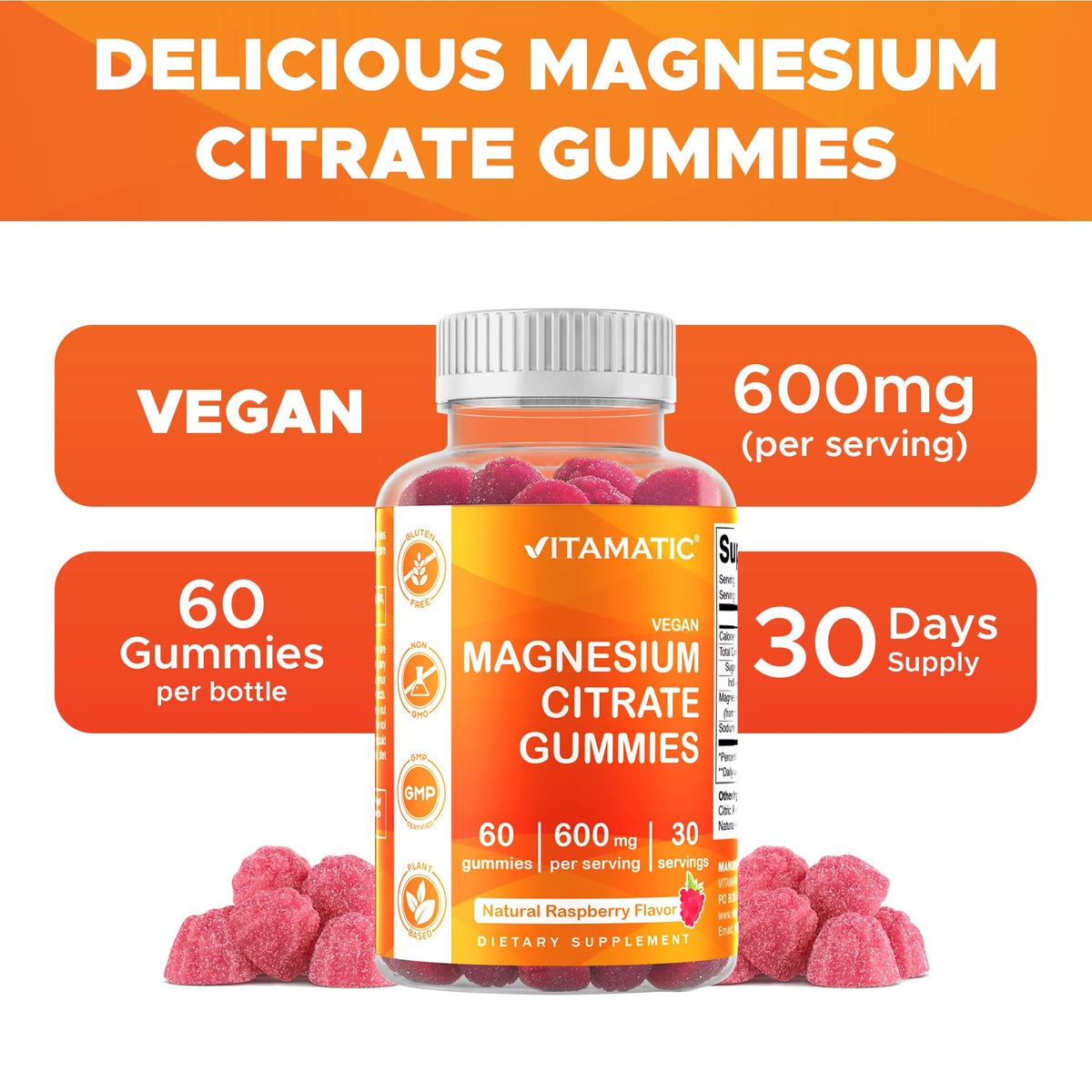 Vitamatic Magnesium Gummies 600mg per Serving – 60 Vegan Count for Relaxation, Muscle, Bone, and Energy Support