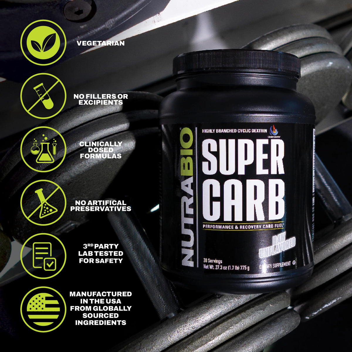 NutraBio Super Carb, Carbohydrate Powder with Cluster Dextrin & Electrolytes, Advanced Carb Supplement Powder for Workout Fuel, Performance, and Muscle Recovery, Cyclic Dextrin, Unflavored, 30 Sv