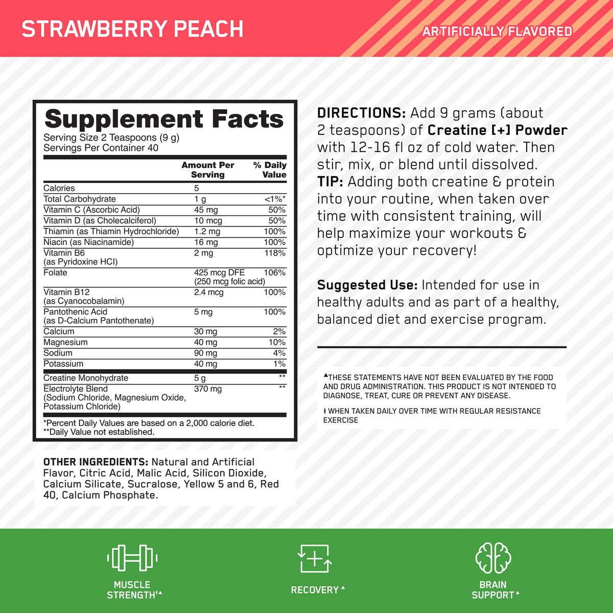 Optimum Nutrition Creatine Monohydrate Plus Powder, Strawberry Peach Flavored Creatine Performance Blend, with Electrolytes for Hydration, Added Vitamins