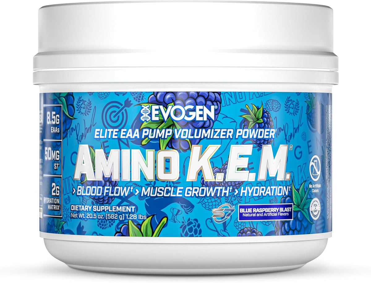 Evogen Amino K.E.M. - EAA & BCAA Powder Pump Volumizer | BCAAs Amino Acids Supplement for Blood Flow, Muscle Growth, & Hydration | Blue Raspberry Blast | 30 Servings