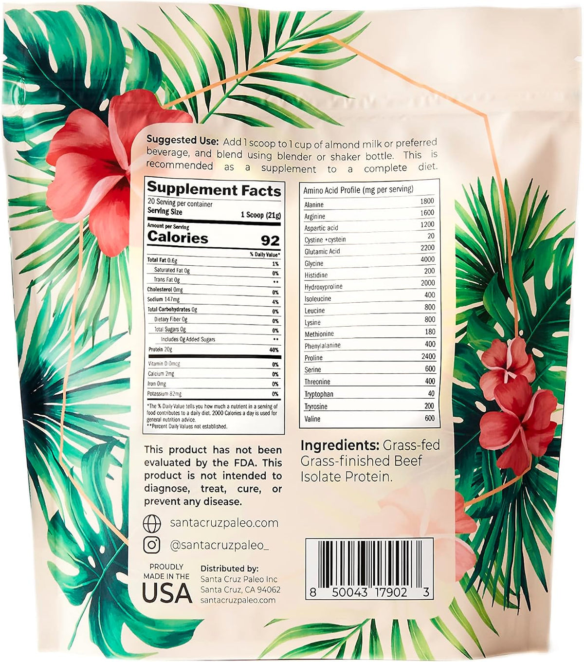 Santa Cruz Paleo, Beef Isolate Protein Powder, Au Naturel, Rich in Collagen Peptides for Protein Shakes or Smoothies, Gluten Free, Keto, Paleo, Unflavored, Unsweetened,1.1lbs (20g Protein Per Serving)