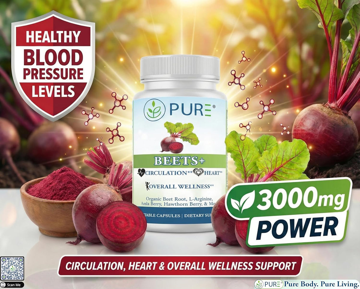PURE® Beets+ Organic Beet Root Capsules - 900mg - 90 Count, 30 Servings - Blood Pressure & Circulation Support Supplement - with L-Arginine, Hawthorn Berry & B12 - Cardiovascular Health - Made in USA