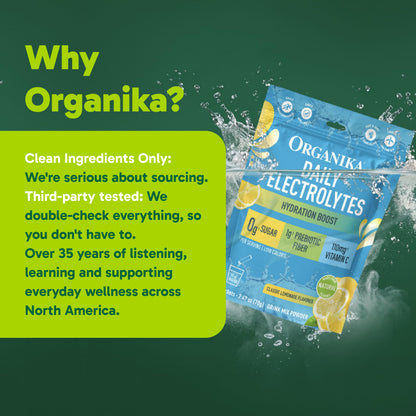 Organika Daily Electrolytes Powder Variety Pack with Vitamin C & Prebiotic Fiber – 21 Single-Serve Sachets (Lemonade, Raspberry, Pineapple Passion Fruit), Sugar-Free, Caffeine-Free