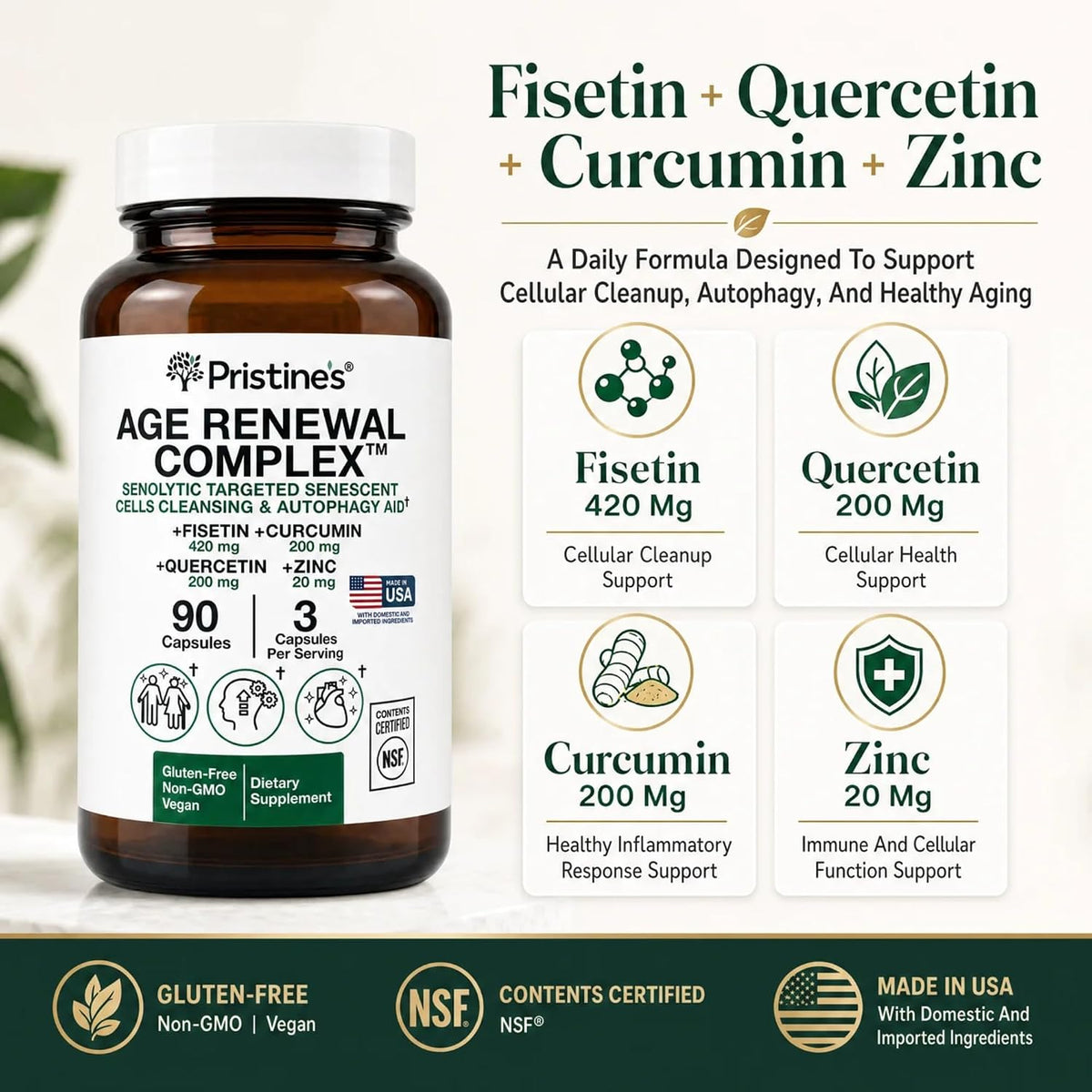 PRISTINE'S Age Renewal Senolytic Autophagy Capsules, NSF Certified, Vegan | Fisetin, quercetin, curcumin and zinc for healthy aging routines. NSF Certified, vegan, non-GMO, gluten-free, 30 servings