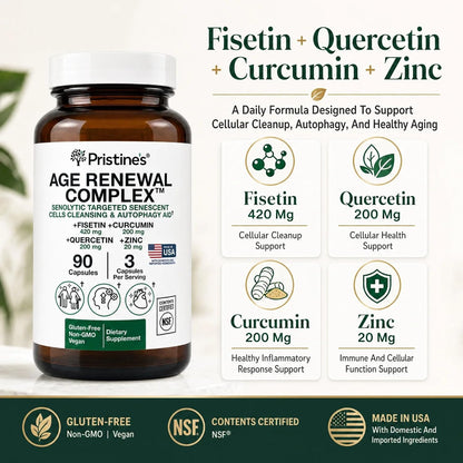 PRISTINE'S Age Renewal Senolytic Autophagy Capsules, NSF Certified, Vegan | Fisetin, quercetin, curcumin and zinc for healthy aging routines. NSF Certified, vegan, non-GMO, gluten-free, 30 servings