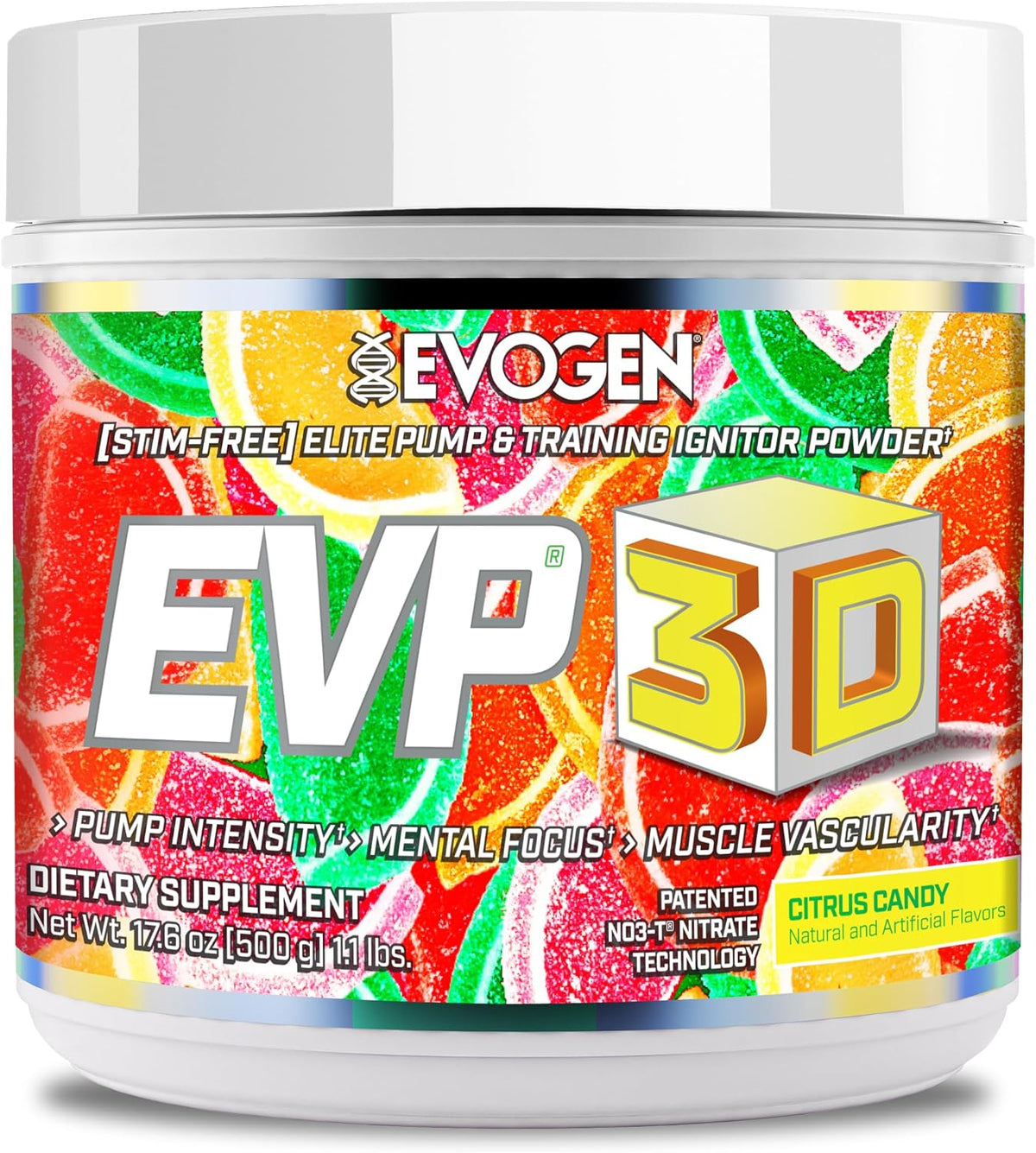 Evogen EVP 3D Stim Free Pre-Workout | Citrus Candy | 40 Servings | Arginine nitrate, L-citrulline, beta-alanine and creatine with lion's mane, L-tyrosine and DMAE for pumps and focus