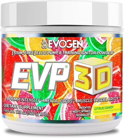 Evogen EVP 3D Stim Free Pre-Workout | Citrus Candy | 40 Servings | Arginine nitrate, L-citrulline, beta-alanine and creatine with lion's mane, L-tyrosine and DMAE for pumps and focus