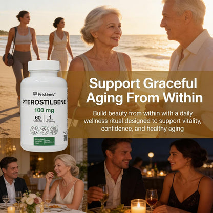 PRISTINE'S Pterostilbene 100mg Healthy Aging Capsules, Vegan, 60 Day Supply | Antioxidant and healthy aging support in a focused polyphenol capsule. 60 day supply, vegan, non-GMO, gluten-free glass.