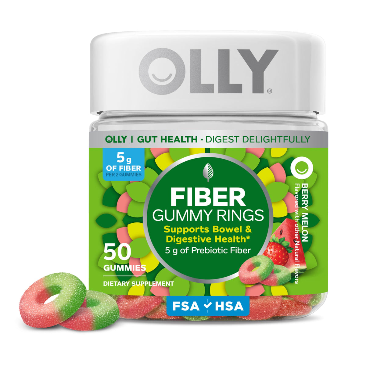 OLLY Fiber Gummy Rings, 5g Prebiotic Fiber, FOS (Fructo-oligosaccharides), Digestive Support, Berry Melon 50ct