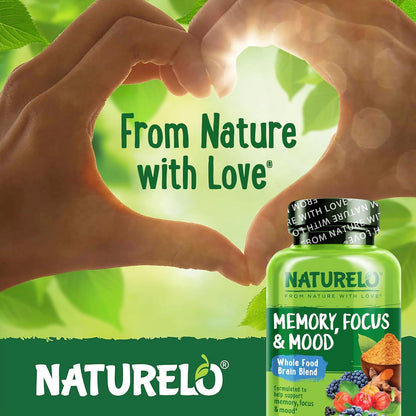 NATURELO Whole Food Brain Supplement - Brain Health Supplements for Memory & Focus Support - Enhance Brain Health Blend Supplement for Adults - 60 Vegetarian Capsules