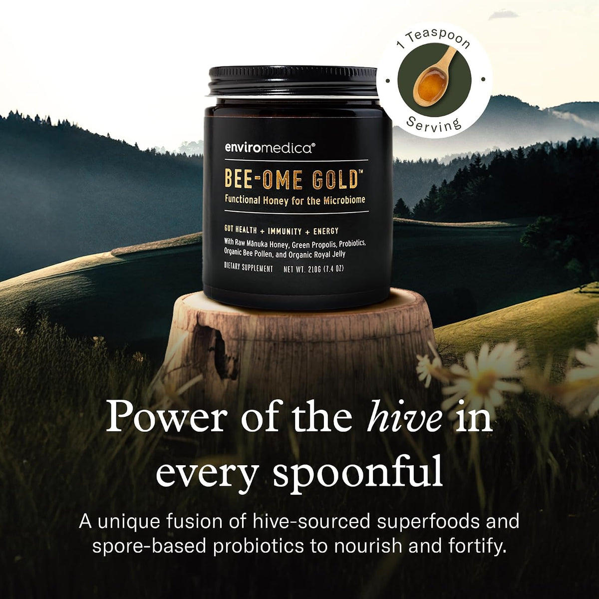 Bee-Ome Gold Raw Manuka Honey with Probiotics & Royal Jelly, 7.4oz | Unpasteurized raw Manuka honey with bee pollen & propolis. Functional superfood honey by Enviromedica. 7.4 oz.