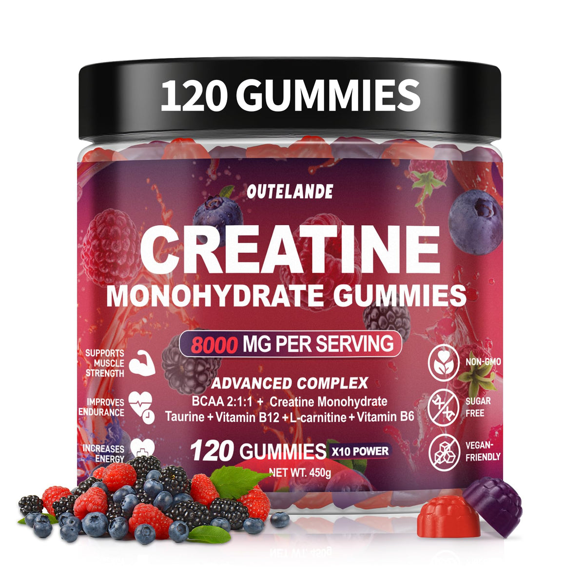 Creatine Monohydrate Gummies 8000 mg for Men & Women, Creatine Supplement for Enhanced Muscle Growth, Energy Boost - with L-Taurine, Sugar Free, Vegan