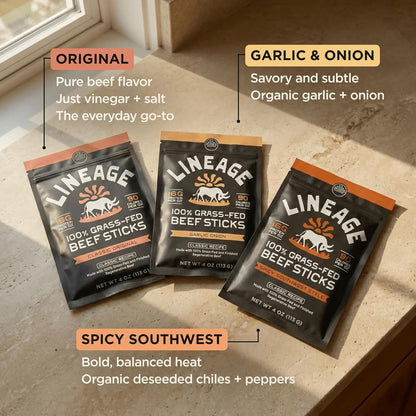 Lineage Provisions Grass Fed Beef Sticks, 3-Pack | Ancestral recipe with 16g protein per oz, air dried high protein snack for energy and everyday snacking.