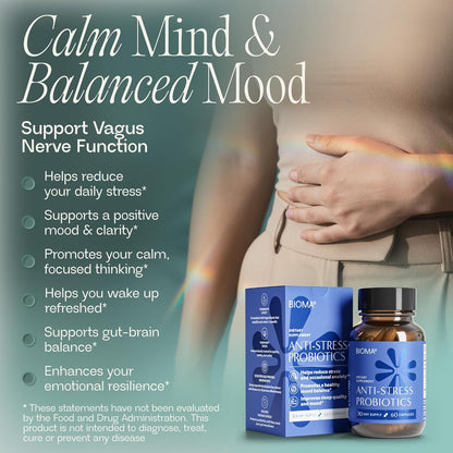 BIOMA Anti-Stress Probiotics – 3-in-1 Gut-Brain Axis Support for Stress Relief & Mood – Prebiotics, Postbiotics & Clinically Studied Strains – Vagus Nerve, Serotonin & Digestive Support – 60 Capsules