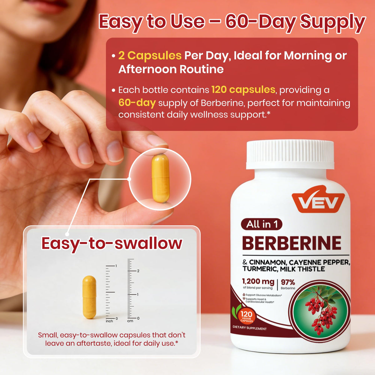 VEV Berberine Supplement with Ceylon Cinnamon, Cayenne Pepper, Turmeric, Milk Thistle, Vegan & Non-GMO – 120 Capsules