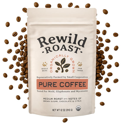 Lineage Provisions Rewild Roast Coffee, 12 oz Whole Beans | Organic whole coffee beans, Arabica medium roast with brown sugar, dark chocolate, toasted walnut, and citrus.