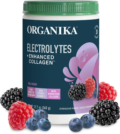 Organikа Electrolytes with Enhanced Collagen Powder for Women & Men - 13 oz - Wild Berry-Flavored Effervescent Electrolyte & Collagen Drink Mix - Deep Hydration, Mobility, Skin, Hair, & Nails
