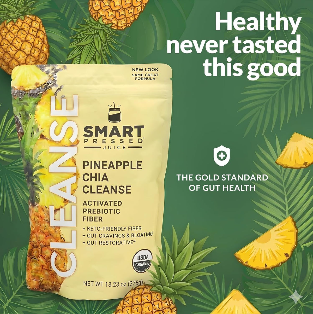 SMART Pressed Juice Pineapple Chia Cleanse | Prebiotic Superfood Plant Based Fiber with Vegan Probiotics & Enzymes | Pineapple Juice Cleanse for Women & Men | 30 Servings