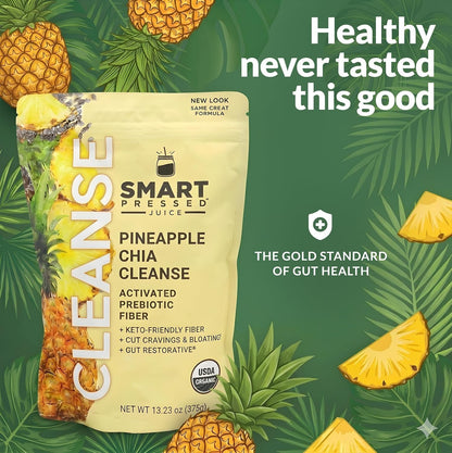 SMART Pressed Juice Pineapple Chia Cleanse | Prebiotic Superfood Plant Based Fiber with Vegan Probiotics & Enzymes | Pineapple Juice Cleanse for Women & Men | 30 Servings