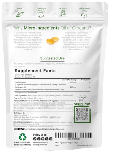 Micro Ingredients Oil of Oregano with Black Seed Oil, 300 Softgels | Naturally Occurring Carvacrol & Thymoquinone. 2-in-1 Oregano Oil Supplement. Non-GMO, Gluten Free, 3rd Party Tested.