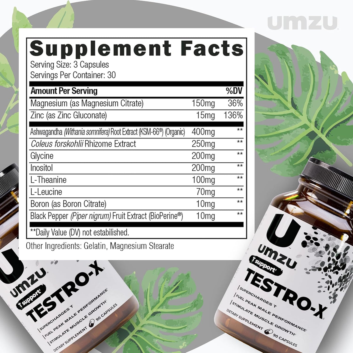 UMZU Testro-X Testosterone Support for Men, 90 Capsules, 30 Day Supply | KSM-66 Ashwagandha and Zinc, Men's Energy, Focus, Strength, Muscle Recovery, Testosterone Support and Daily Wellnes