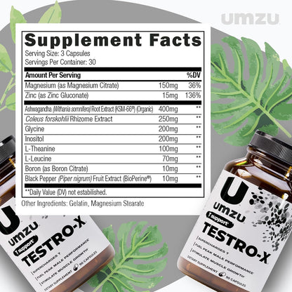 UMZU Testro-X Testosterone Support for Men, 90 Capsules, 30 Day Supply | KSM-66 Ashwagandha and Zinc, Men's Energy, Focus, Strength, Muscle Recovery, Testosterone Support and Daily Wellnes