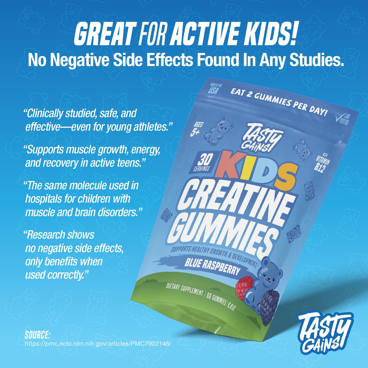 TASTY GAINS Kids & Teen Creatine Gummies with Vitamin B12 for Advanced Growth Support, Youth Sports Performance & Cellular Muscle Hydration Chewables, Ages 5+ (Strawberry, 60 Count)
