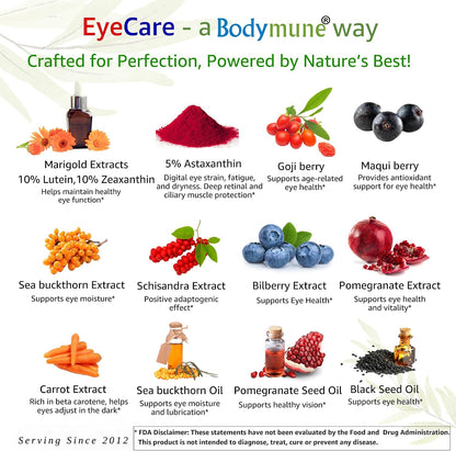 Bodymune EyeCare with Astaxanthin, Lutein & Zeaxanthin Advanced Eye Health Supplement – Supports Retina Health, Dry Eyes & Vision Clarity – 60 Capsules – Plant-Based & Non-GMO, Vegan, Gluten-Fre