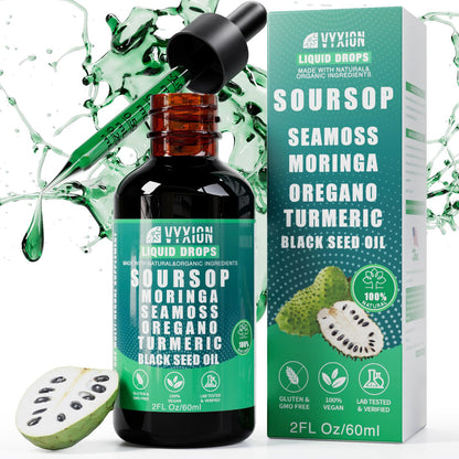 Soursop Bitters Liquid Drops 10 in 1 with Sea Moss, Moringa, Turmeric, Black Seed Oil, Oregano, Ashwagandha | Herbal Extracts for Overall Health-Enhancing |Vegan, Non-GMO| 2 Fl Oz(Mixed Berry Flavor)