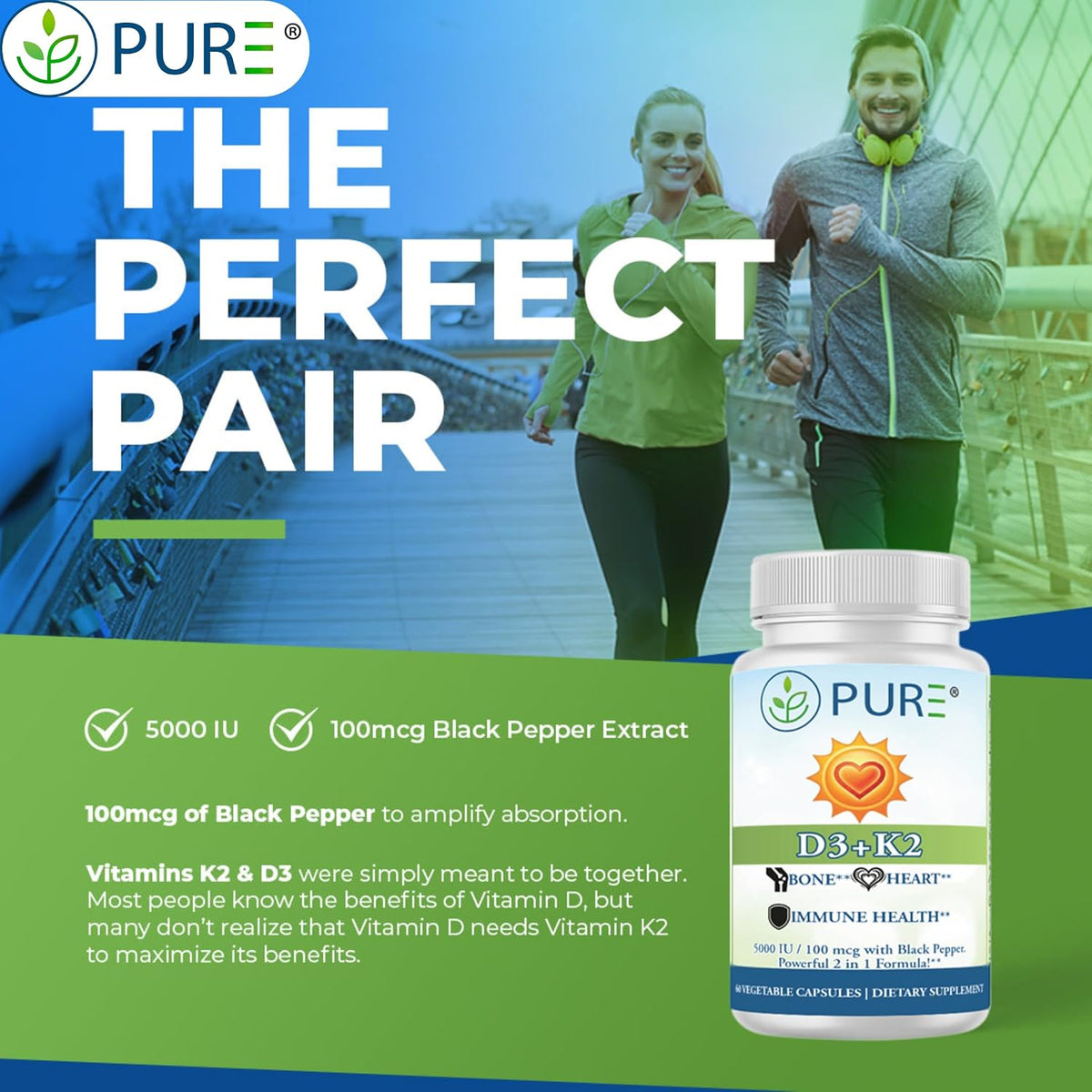 PURE® Vitamin D3 + K2 (MK-7) Supplement - 5000 IU (125mcg) D3 & 100mcg K2-60 Vegetable Capsules - with BioPerine® for Maximum Absorption - Immune, Bone & Heart Health Formula - Made in USA