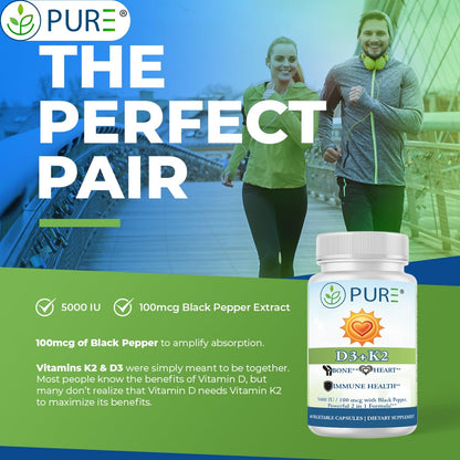 PURE® Vitamin D3 + K2 (MK-7) Supplement - 5000 IU (125mcg) D3 & 100mcg K2-60 Vegetable Capsules - with BioPerine® for Maximum Absorption - Immune, Bone & Heart Health Formula - Made in USA