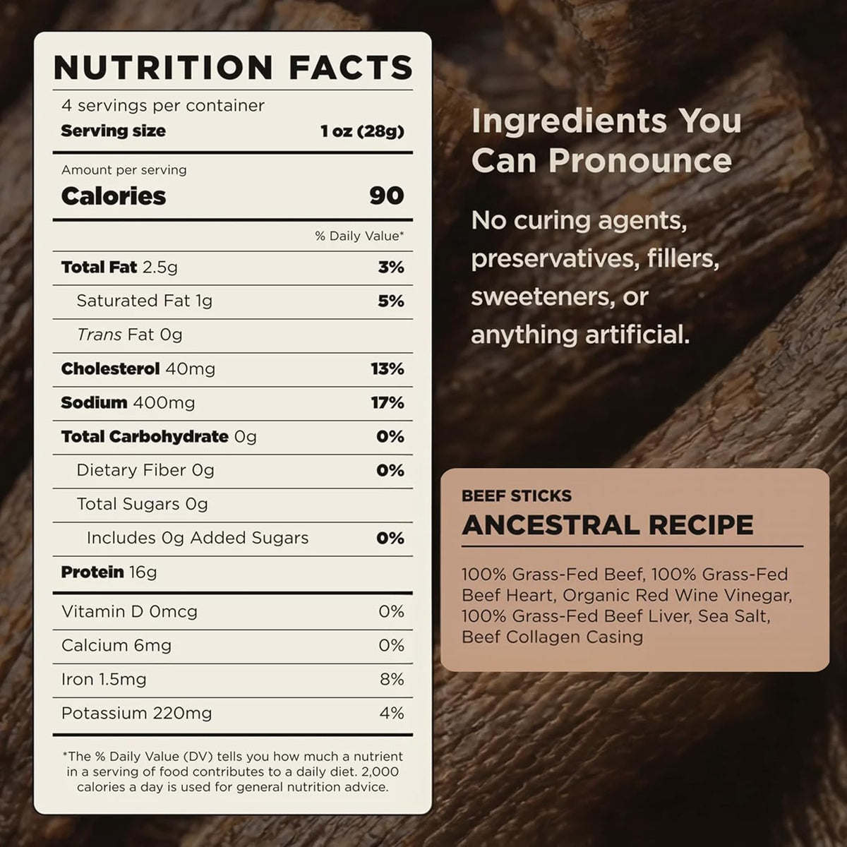 Lineage Provisions Grass Fed Beef Sticks, 3-Pack | Ancestral recipe with 16g protein per oz, air dried high protein snack for energy and everyday snacking.