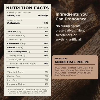 Lineage Provisions Grass Fed Beef Sticks, 3-Pack | Ancestral recipe with 16g protein per oz, air dried high protein snack for energy and everyday snacking.