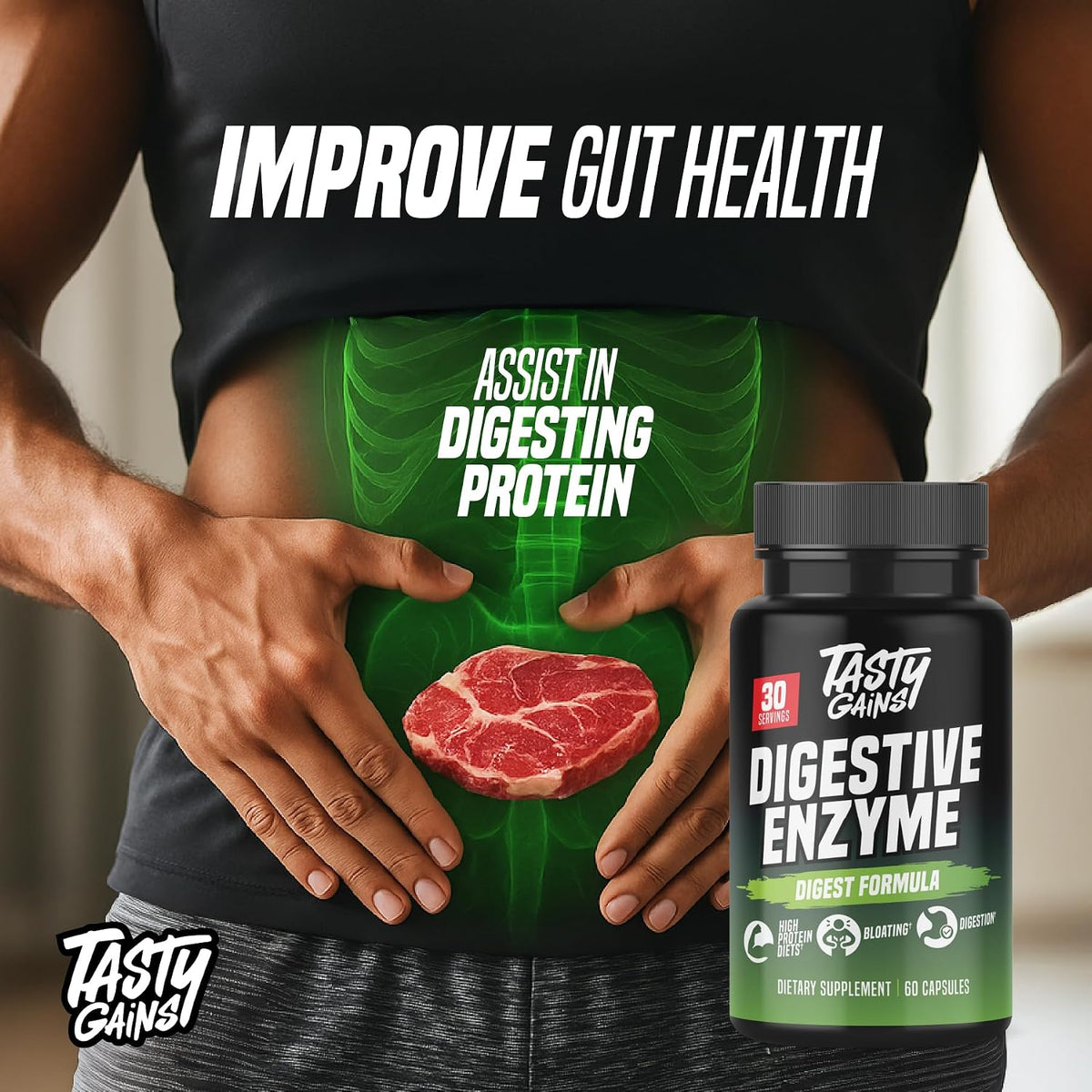 TASTY GAINS - Complete Digestive Enzymes Supplement for Gut Health - Bloating Relief for Men and Women - Enzymes for Digestion - Food Discomfort Relief & Debloat (60 Capsules)