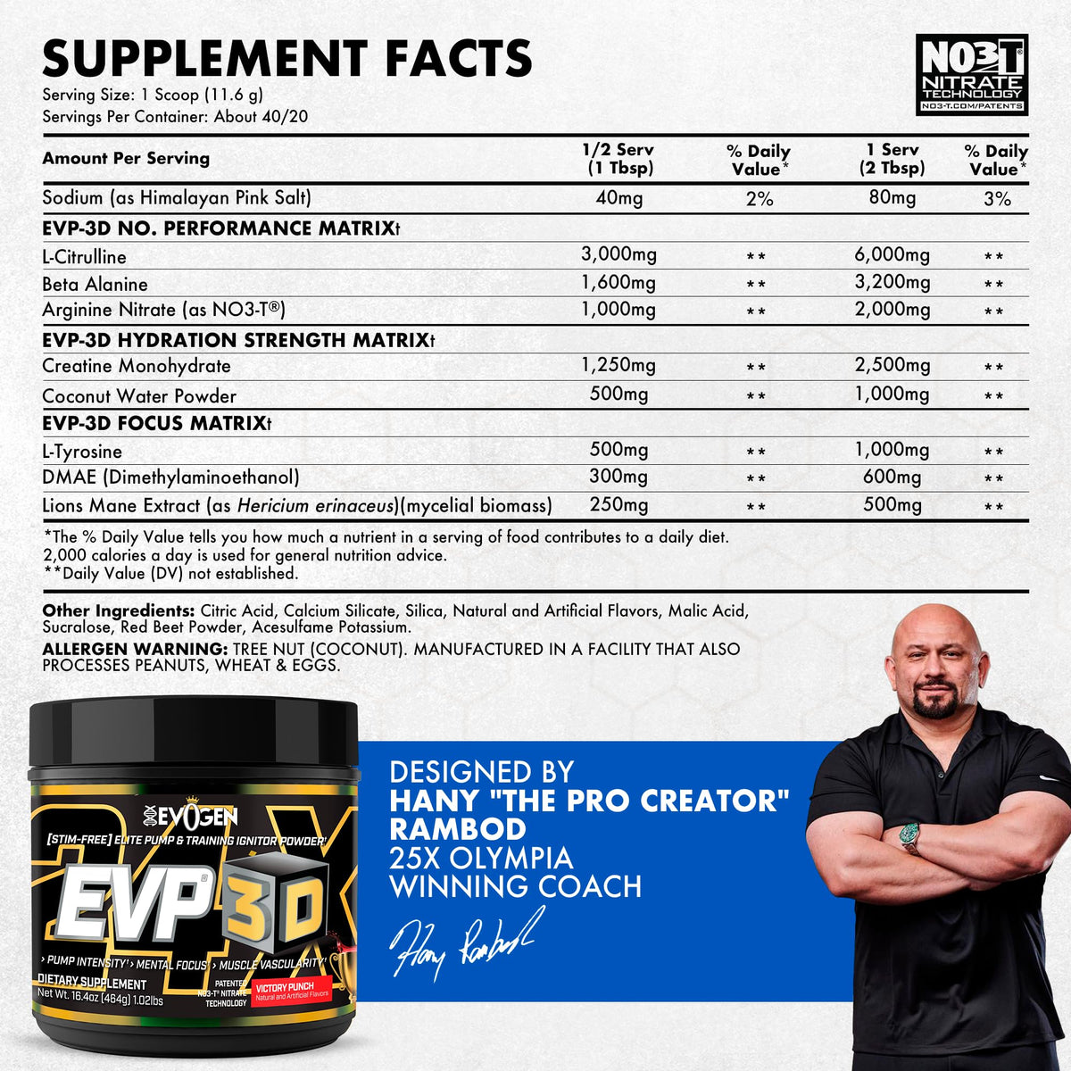 Evogen EVP 3D Stim Free Pre-Workout | Citrus Candy | 40 Servings | Arginine nitrate, L-citrulline, beta-alanine and creatine with lion's mane, L-tyrosine and DMAE for pumps and focus
