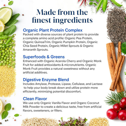 Organic Vegan Protein Powder - 20g Plant Based Protein for Women and Men, with Pea Protein, Superfood & Digestive Enzymes - Clean Protein, Gluten-Free, Gut-Friendly & Non-Bloating, Keto