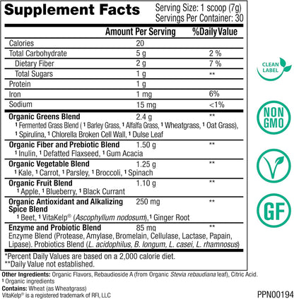 Peak Pure & Natural Peak Greens Support pH Balance and Alkalinity | Superfood Green Drink Powder | Blend of Fermented Grass, Vegetable, & Fruit | Digestive Enzyme & Probiotic Powder