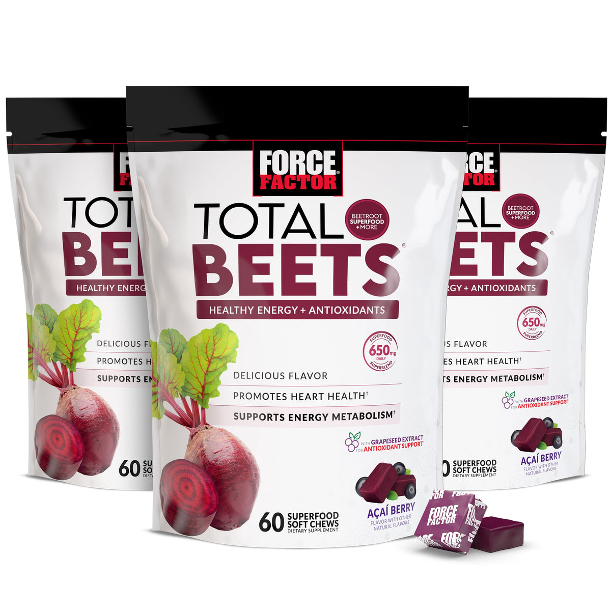 Force Factor Total Beets Soft Chews Heart Health Superfood with Beetroot | with Beet Root Powder & B Vitamins to Support Nitric Oxide, Healthy Energy Supplement, 60 Chews